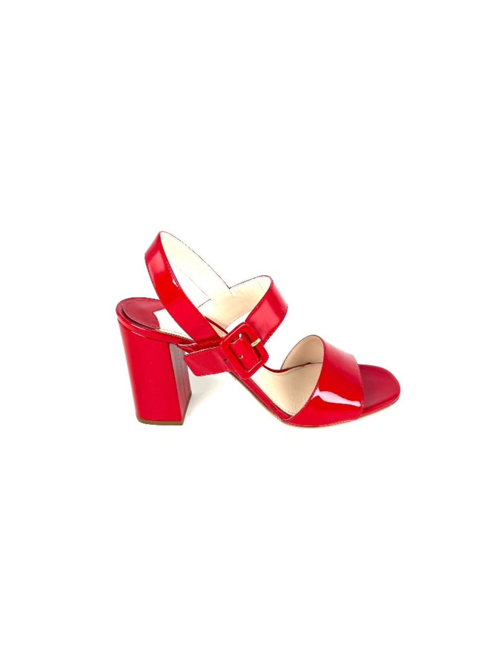 PRADA Red Patent Leather Block Heel Strap Sandals 38, 7.5